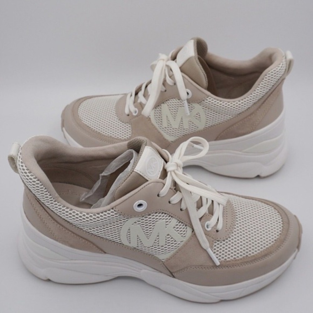 Michael Kors Mickey Trainer Leather Suede Mesh Sneakers Light Sand 11 Chic 36-15 - Picture 9 of 10